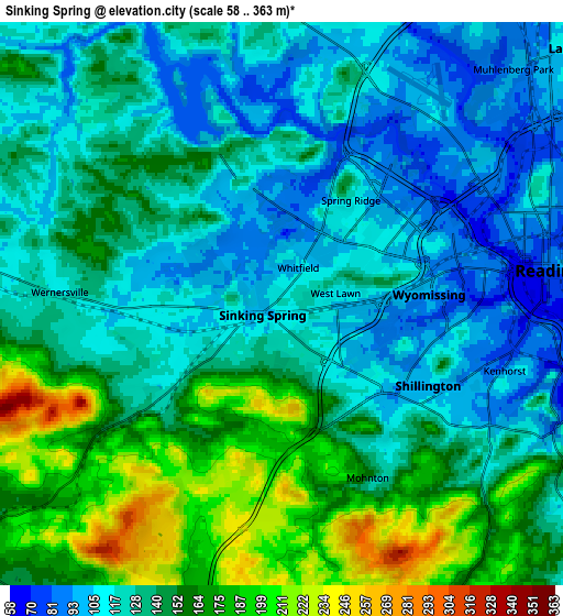 Zoom OUT 2x Sinking Spring, United States elevation map