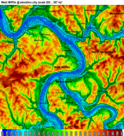 Zoom OUT 2x West Mifflin, United States elevation map