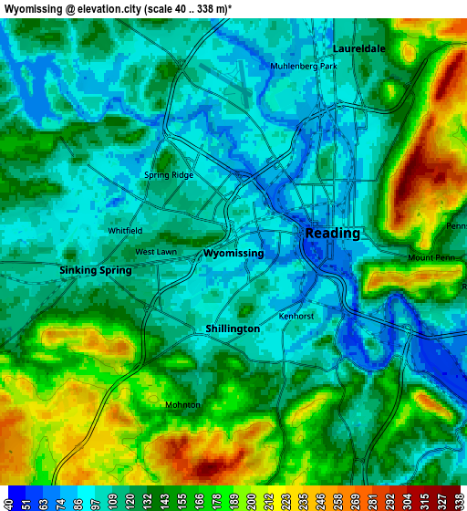 Zoom OUT 2x Wyomissing, United States elevation map