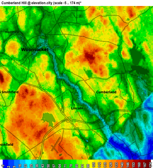 Zoom OUT 2x Cumberland Hill, United States elevation map