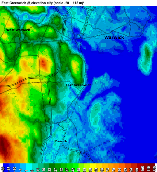 Zoom OUT 2x East Greenwich, United States elevation map