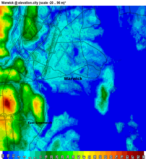 Zoom OUT 2x Warwick, United States elevation map