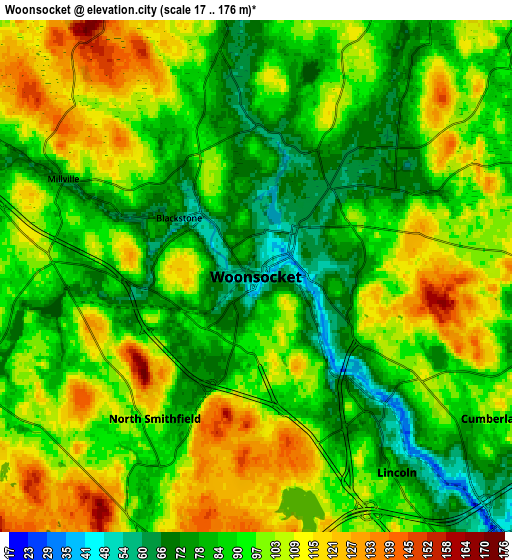 Zoom OUT 2x Woonsocket, United States elevation map