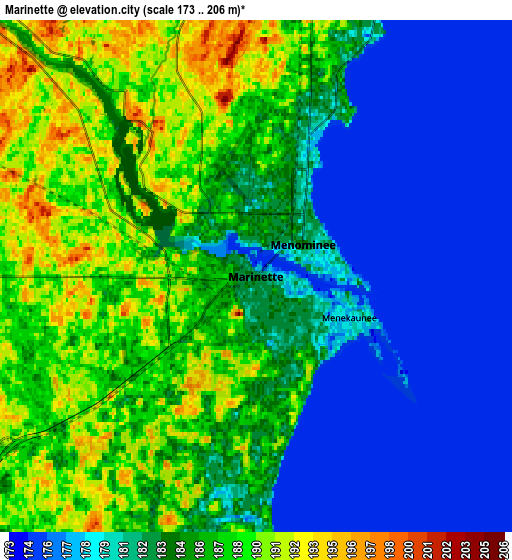 Zoom OUT 2x Marinette, United States elevation map