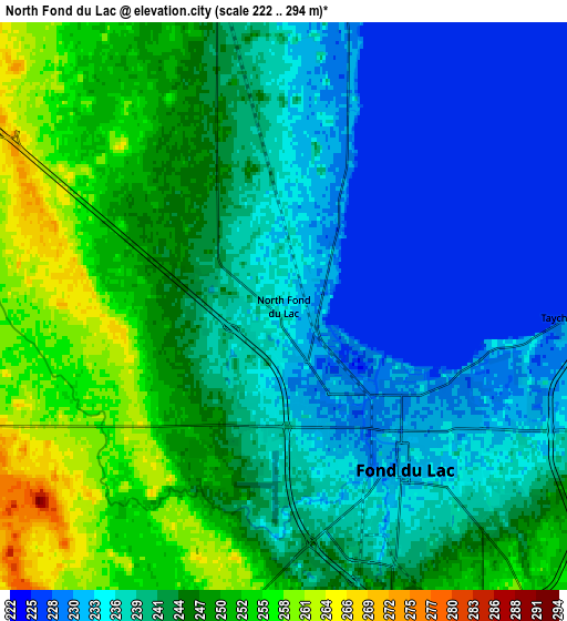 Zoom OUT 2x North Fond du Lac, United States elevation map