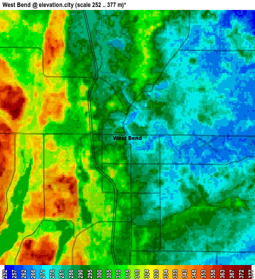 Zoom OUT 2x West Bend, United States elevation map