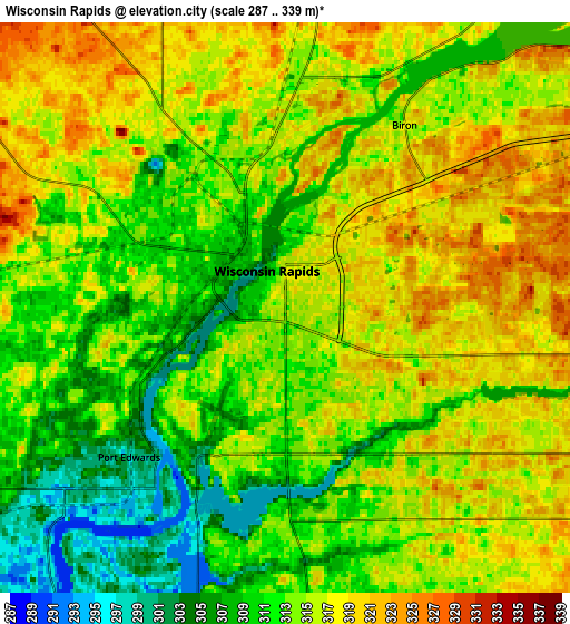 Zoom OUT 2x Wisconsin Rapids, United States elevation map