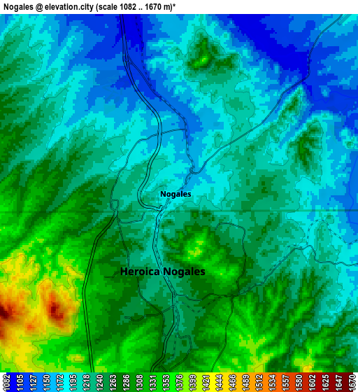 Zoom OUT 2x Nogales, United States elevation map