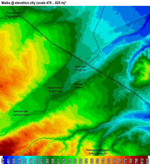 Zoom OUT 2x Malka, Russia elevation map