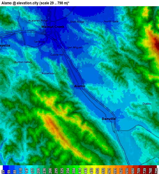 Zoom OUT 2x Alamo, United States elevation map