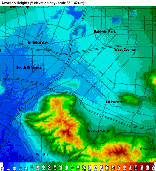 Zoom OUT 2x Avocado Heights, United States elevation map