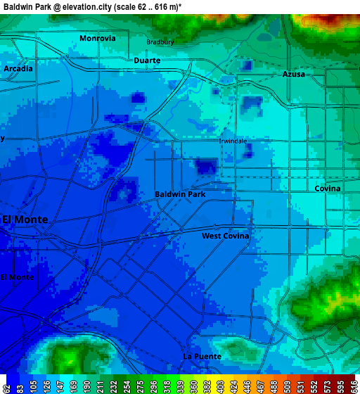 Zoom OUT 2x Baldwin Park, United States elevation map