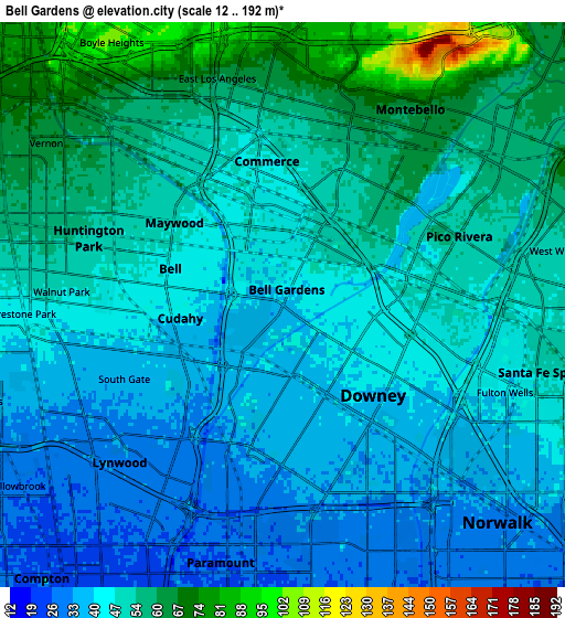 Zoom OUT 2x Bell Gardens, United States elevation map