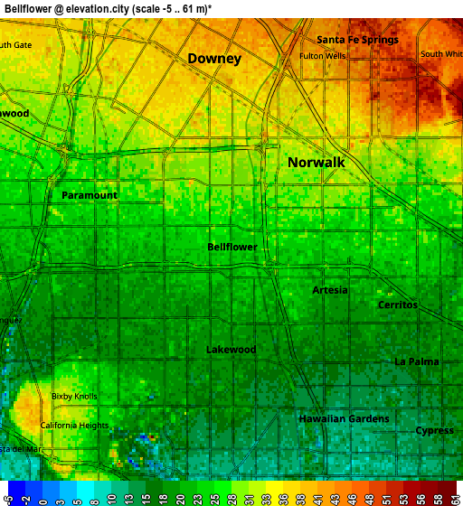 Zoom OUT 2x Bellflower, United States elevation map