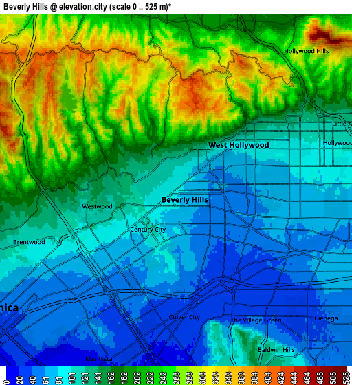 Zoom OUT 2x Beverly Hills, United States elevation map