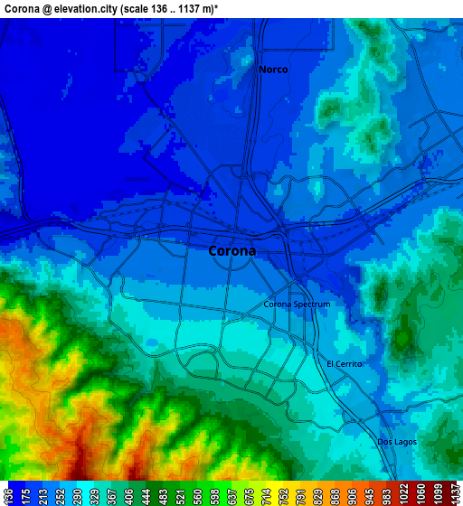 Zoom OUT 2x Corona, United States elevation map