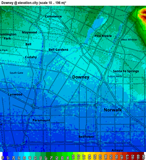 Zoom OUT 2x Downey, United States elevation map