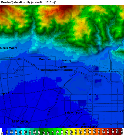 Zoom OUT 2x Duarte, United States elevation map