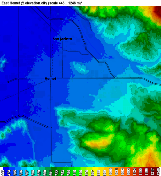 Zoom OUT 2x East Hemet, United States elevation map