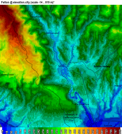 Zoom OUT 2x Felton, United States elevation map