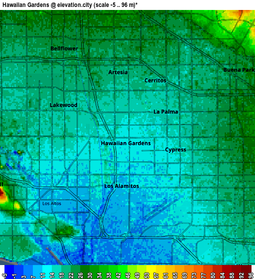 Zoom OUT 2x Hawaiian Gardens, United States elevation map