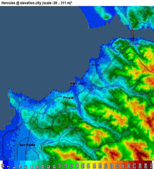 Zoom OUT 2x Hercules, United States elevation map