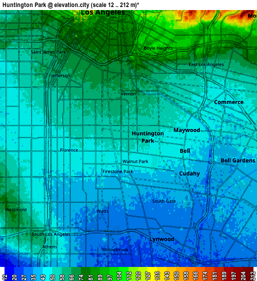 Zoom OUT 2x Huntington Park, United States elevation map