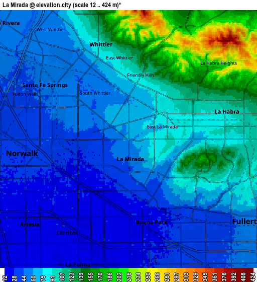 Zoom OUT 2x La Mirada, United States elevation map