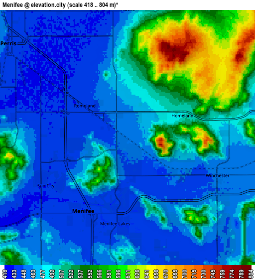 Zoom OUT 2x Menifee, United States elevation map