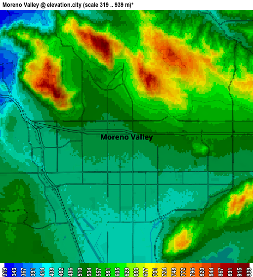 Zoom OUT 2x Moreno Valley, United States elevation map
