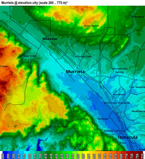 Zoom OUT 2x Murrieta, United States elevation map