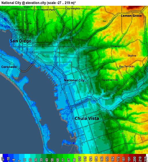 Zoom OUT 2x National City, United States elevation map