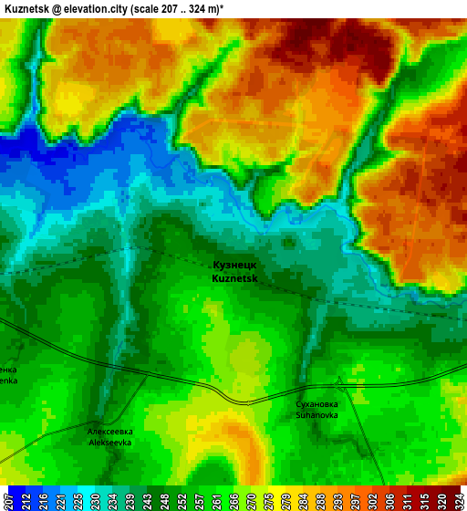 Zoom OUT 2x Kuznetsk, Russia elevation map