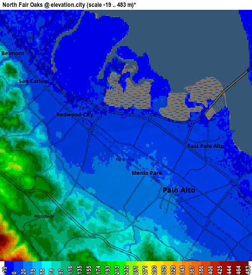 Zoom OUT 2x North Fair Oaks, United States elevation map