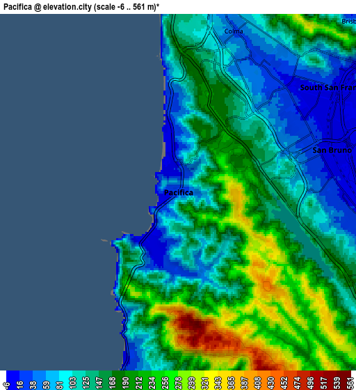 Zoom OUT 2x Pacifica, United States elevation map