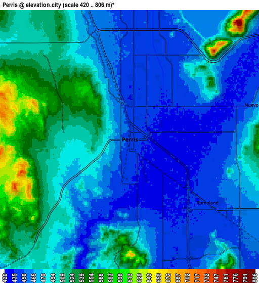 Zoom OUT 2x Perris, United States elevation map