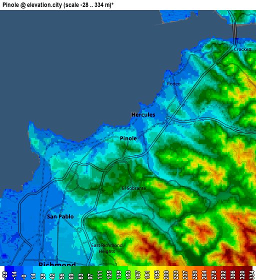 Zoom OUT 2x Pinole, United States elevation map