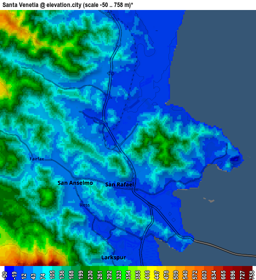 Zoom OUT 2x Santa Venetia, United States elevation map