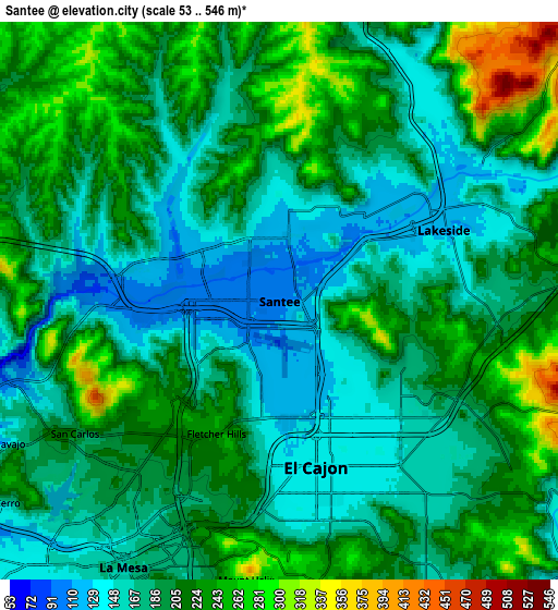Zoom OUT 2x Santee, United States elevation map