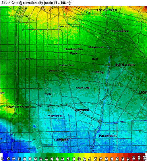 Zoom OUT 2x South Gate, United States elevation map