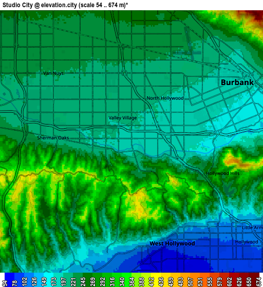 Zoom OUT 2x Studio City, United States elevation map