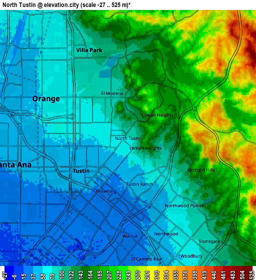 Zoom OUT 2x North Tustin, United States elevation map