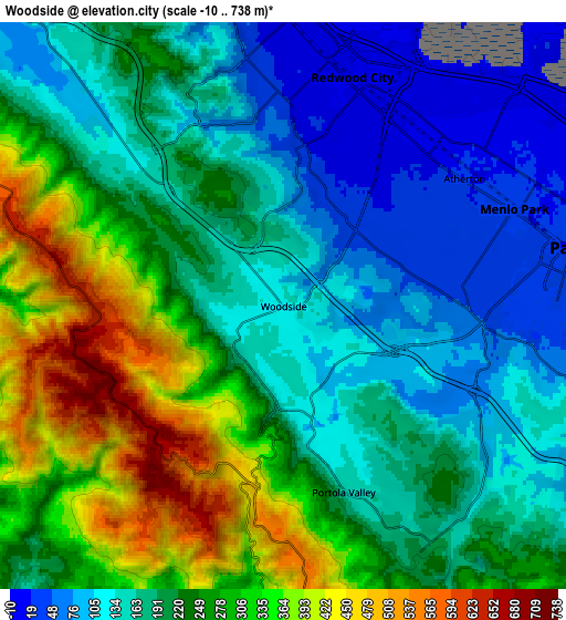 Zoom OUT 2x Woodside, United States elevation map