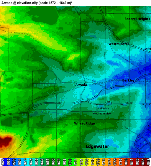 Zoom OUT 2x Arvada, United States elevation map