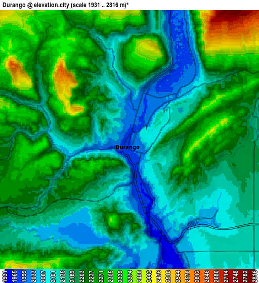 Zoom OUT 2x Durango, United States elevation map