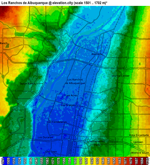 Zoom OUT 2x Los Ranchos de Albuquerque, United States elevation map