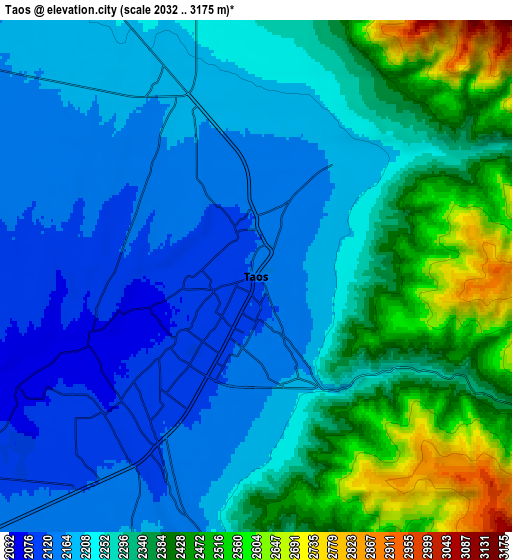 Zoom OUT 2x Taos, United States elevation map