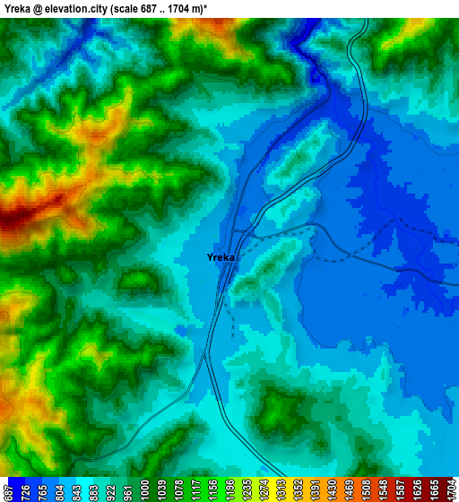 Zoom OUT 2x Yreka, United States elevation map