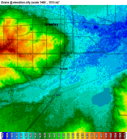 Zoom OUT 2x Evans, United States elevation map