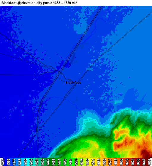 Zoom OUT 2x Blackfoot, United States elevation map